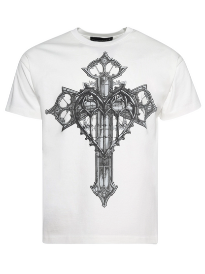 WHO DECIDES WAR Crossed Heart Short Sleeve T-shirt Cloud White