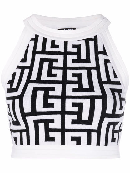 BALMAIN WOMEN Sleeveless Maxi Monogram Cropped Knit Top