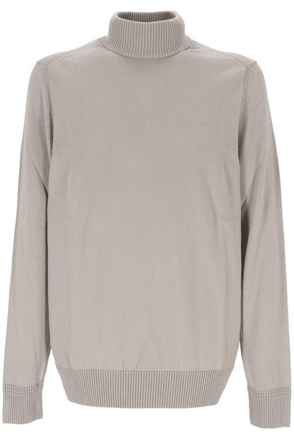 BOSS Logo Embroidered Wool Blend Turtle Neck Sweater Light Beige