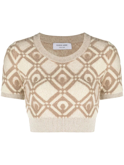 MARINE SERRE WOMEN Chunky Jacquard Knitted Crop Top Beige