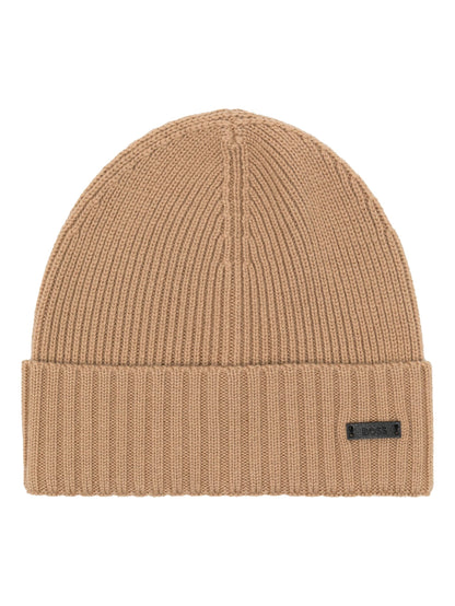 BOSS Logo-Patch Wool Knitted Beanie Medium Beige