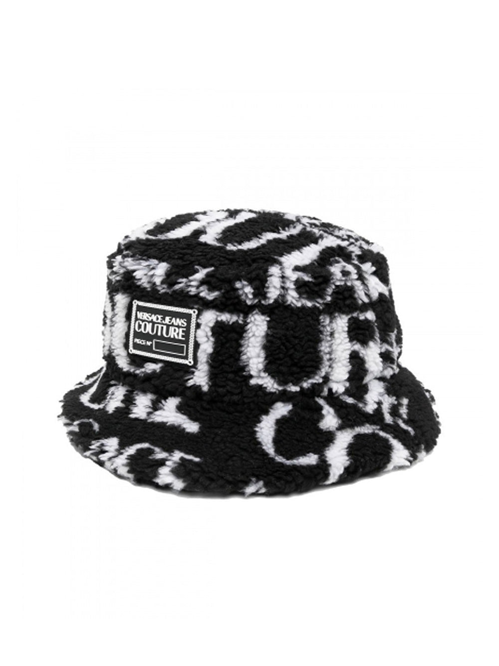 VERSACE All Over Logo Faux Fur Bucket Hat Black/White