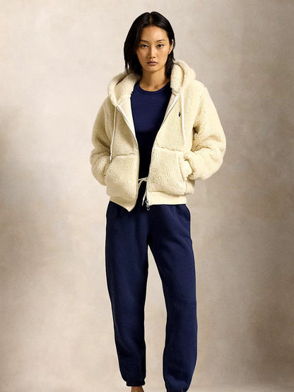 RALPH LAUREN WOMEN Pony Embroidered Faux Shearling Jacket Beige