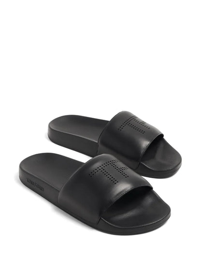 TOM FORD Perforated-Logo leather Sliders Black