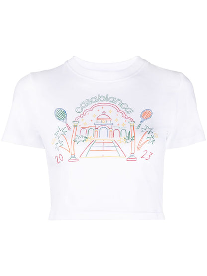 CASABLANCA WOMEN Rainbow Crayon Temple Screen Printed Crop T-Shirt White/Multicolour
