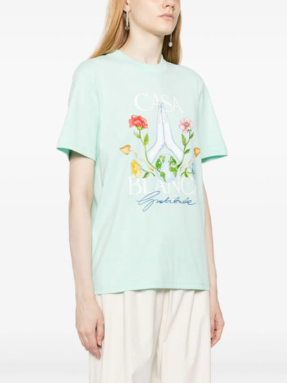 CASABLANCA WOMEN Gratitude Printed Organic Cotton T-Shirt Mint