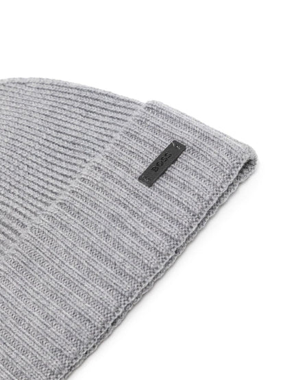 BOSS Logo-Patch Virgin Wool Beanie Silver