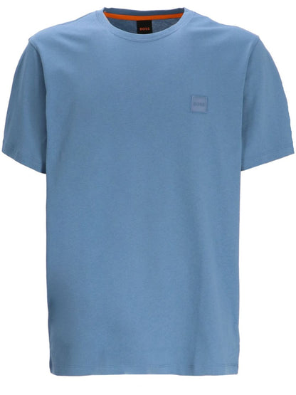 BOSS Tales Logo Patch Cotton T-Shirt Open Blue