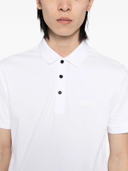BOSS Paddy Mirror Logo-Print Cotton Polo Shirt White/White