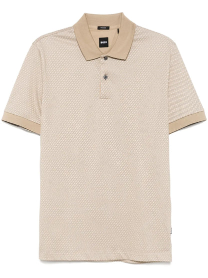 BOSS Monogram Print Cotton Polo Shirt Light Beige