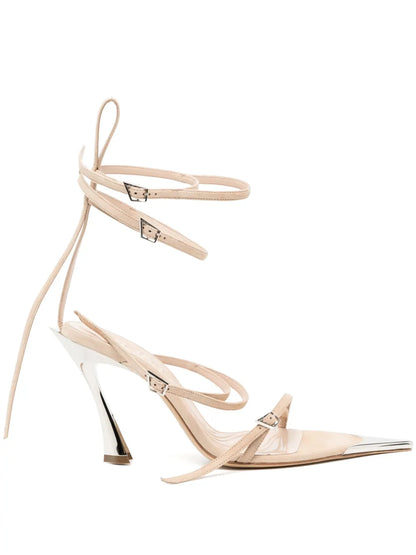 MUGLER WOMEN Strappy Loops Sandals Suede Tan/Silver