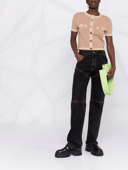 BALMAIN WOMEN Metallic Effect Monogram Cropped Top Brown