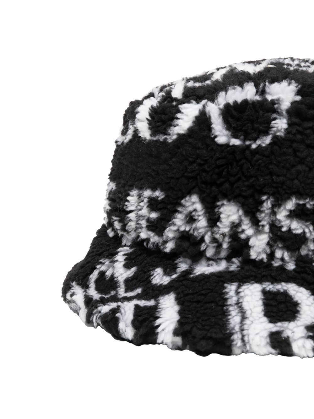 VERSACE All Over Logo Faux Fur Bucket Hat Black/White
