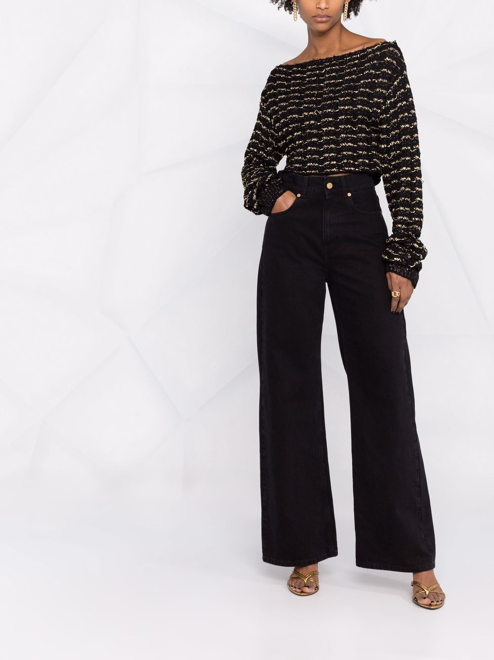 BALMAIN WOMEN Off-shoulder Cropped Striped Top Black