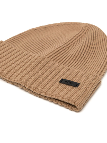 BOSS Logo-Patch Wool Knitted Beanie Medium Beige