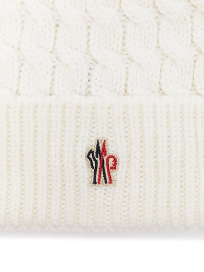 MONCLER GRENOBLE WOMEN Logo Embroidered Ribbed Pom Pom Beanie White