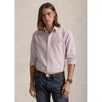 RALPH LAUREN Logo Embroidered Cotton Striped Shirt Pink
