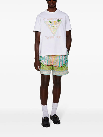 CASABLANCA Graphic-Print Drawstring-Waist Linen Shorts Vase Green