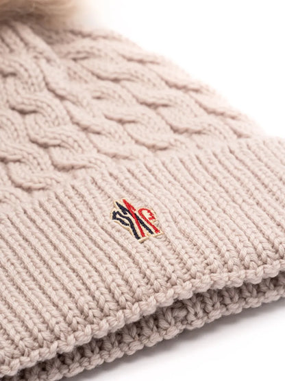 MONCLER GRENOBLE WOMEN Logo Embroidered Ribbed Pom Pom Beanie Light Pink