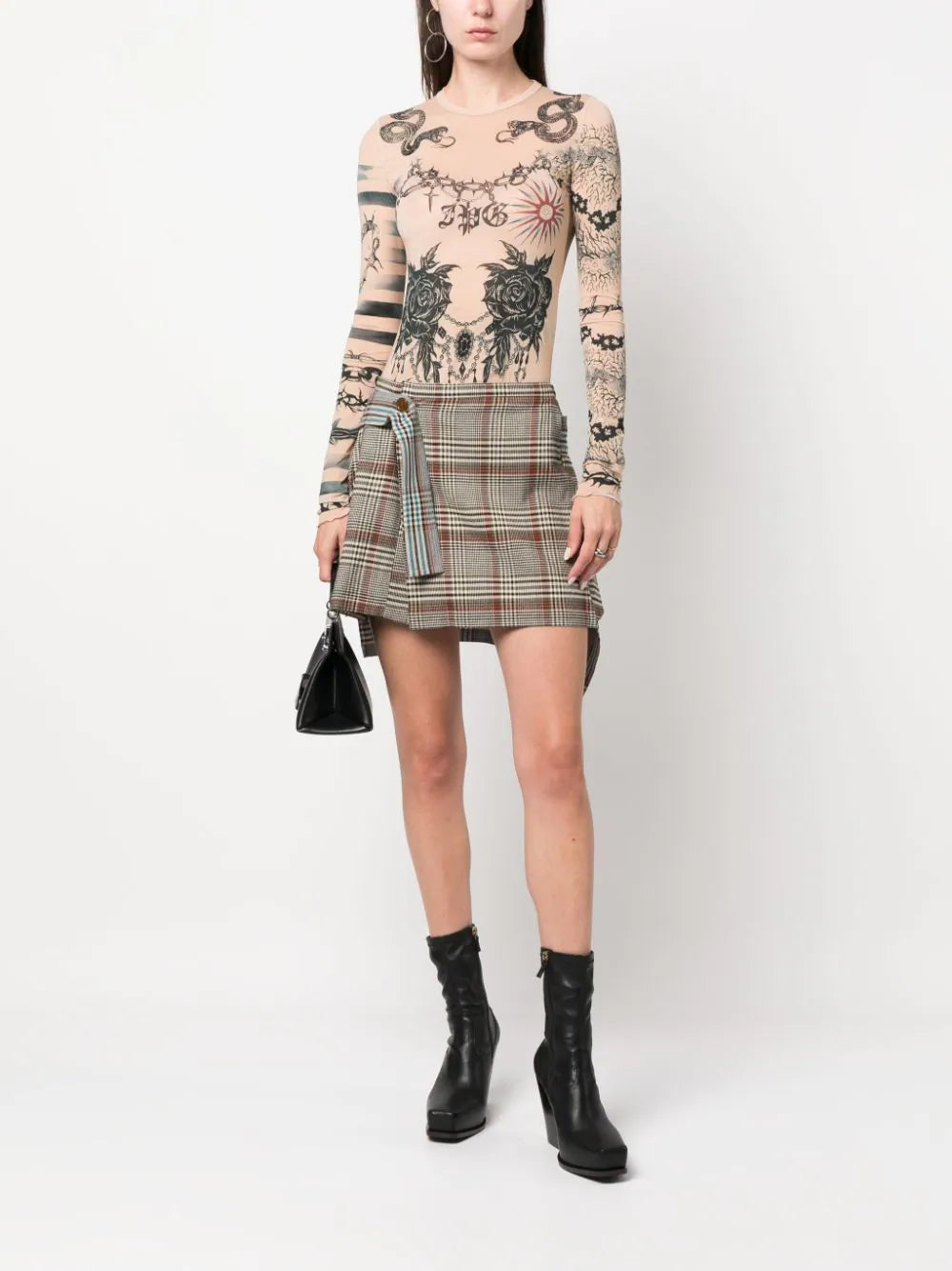 JEAN PAUL GAULTIER WOMEN Crew Neck Long Sleeves Printed Tattoo Top Nude/Grey/Black