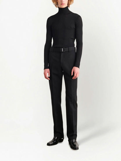 OFF-WHITE Buckle Dry Wool Belted Slim-Fit Trousers Black