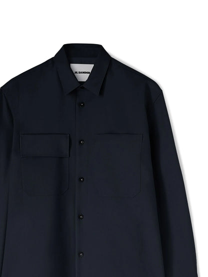 JIL SANDER Long Sleeved Pointed Collar Wool Shirt Navy