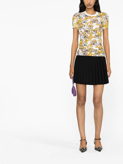 VERSACE WOMEN Baroque Print Cotton T-Shirt White Gold