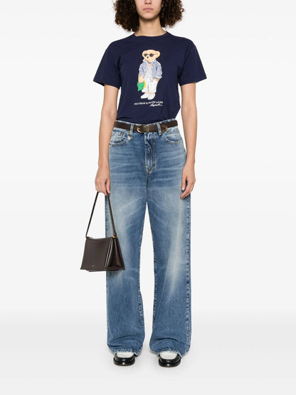 RALPH LAUREN WOMEN Stripe Bear Motif Short Sleeve T-Shirt Navy