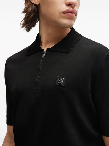 HUGO Sayfong 3 Logo-Appliqué Zip-Up Polo Shirt Black