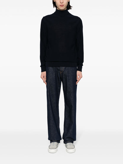 BOSS Logo Embroidered Wool Blend Turtle Neck Sweater Navy