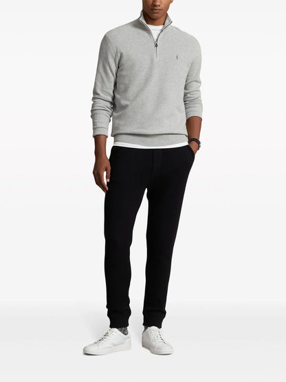 RALPH LAUREN Logo Embroidered Cotton Half Zip Sweatshirt Grey