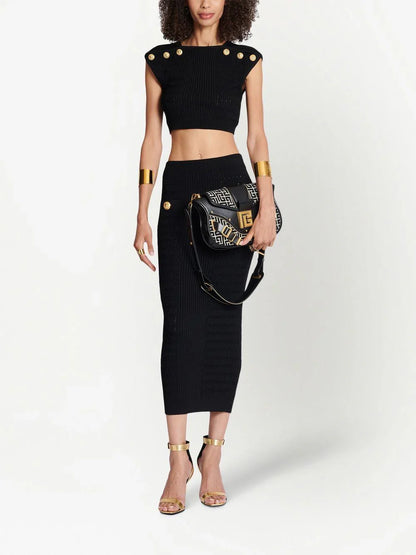 BALMAIN WOMEN 6 Button Knit Cropped Top Black Gold