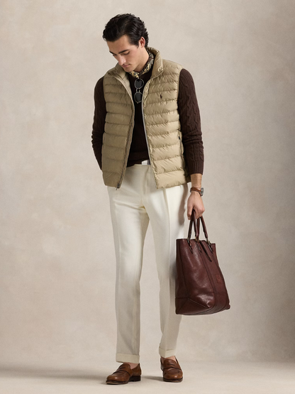 RALPH LAUREN Logo Patch Embroidered Terra Padded Zipped Gilet Beige