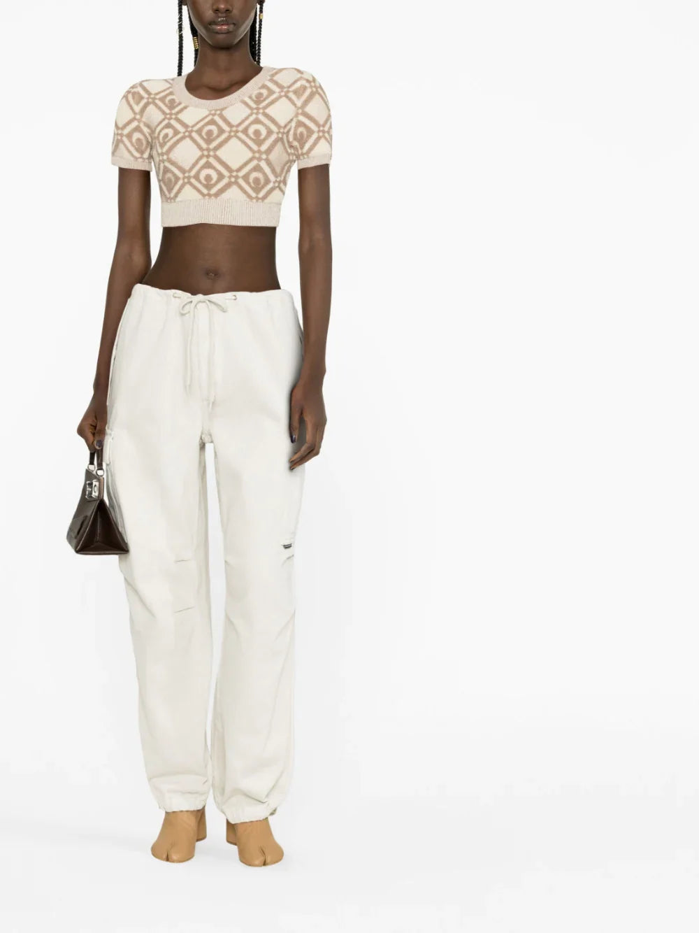 MARINE SERRE WOMEN Chunky Jacquard Knitted Crop Top Beige