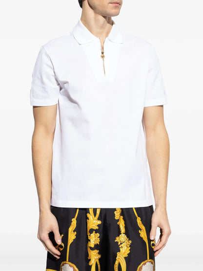 VERSACE Cotton Logo Half-Zip Polo Shirt White