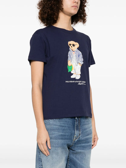 RALPH LAUREN WOMEN Stripe Bear Motif Short Sleeve T-Shirt Navy