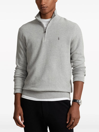 RALPH LAUREN Logo Embroidered Cotton Half Zip Sweatshirt Grey