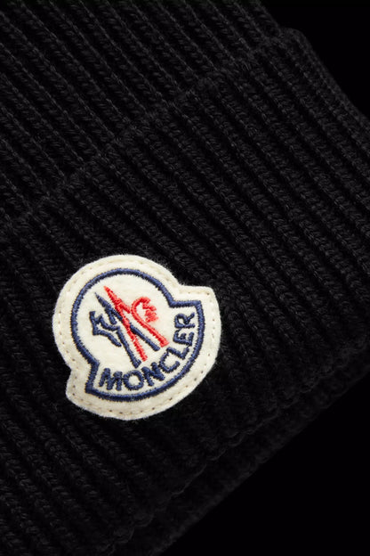 MONCLER Logo Patch Knitted Wool Beanie Black