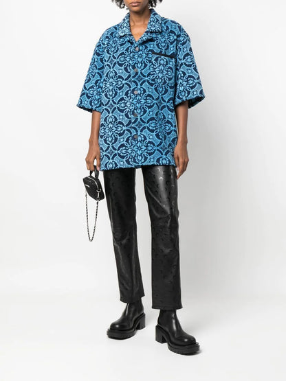 MARINE SERRE Oriental Towel-Print Short-Sleeve Shirt Blue