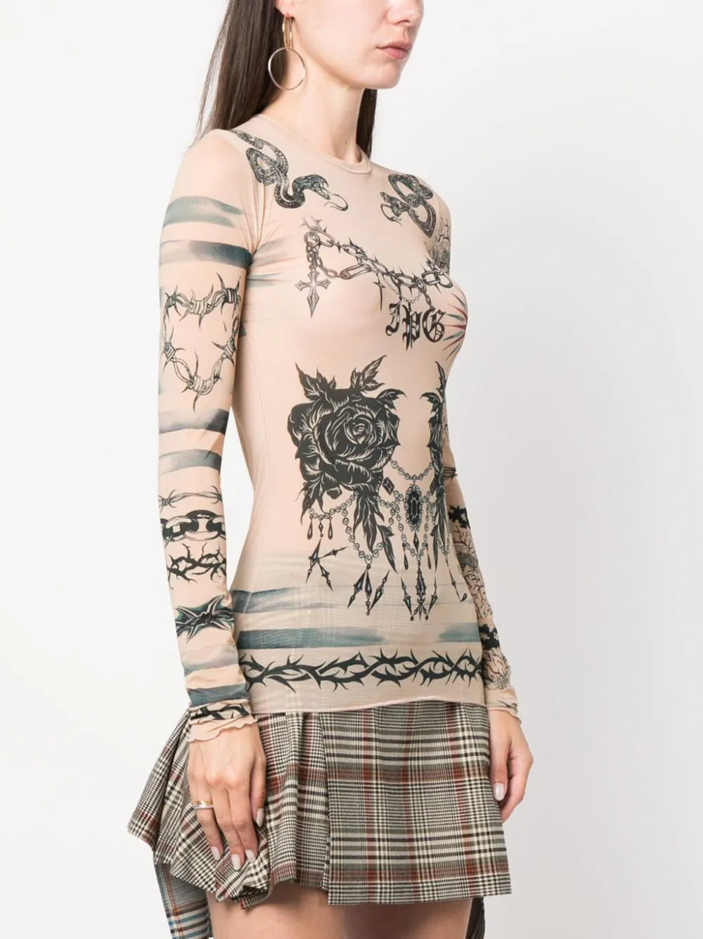 JEAN PAUL GAULTIER WOMEN Crew Neck Long Sleeves Printed Tattoo Top Nude/Grey/Black