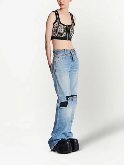 BALMAIN WOMEN Sleeveless Zipped Monogram Knit Crop Top Ivory Black