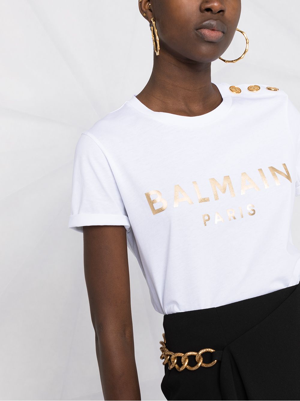BALMAIN WOMEN Metallic-logo button-embellished T-shirt White