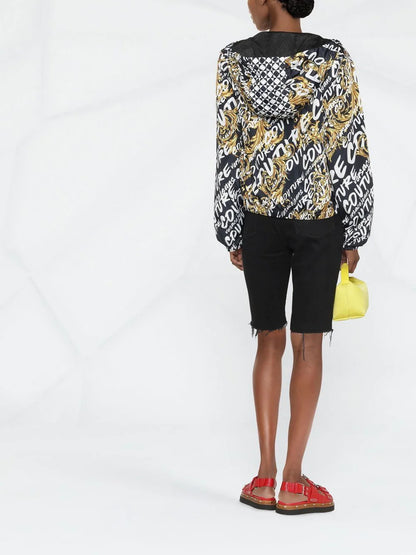 VERSACE WOMEN Baroque Print All Over Logo Zip Up Jacket Black
