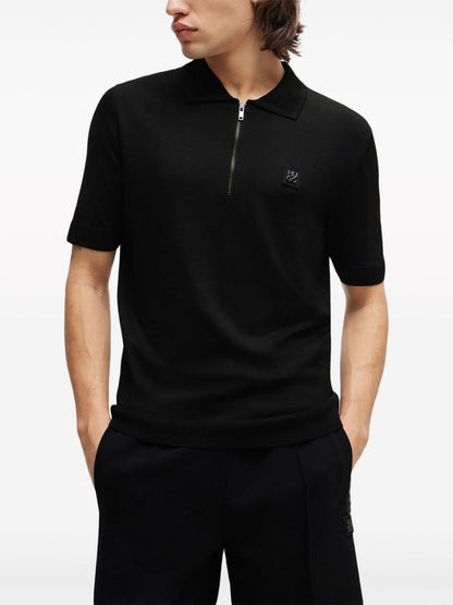 HUGO Sayfong 3 Logo-Appliqué Zip-Up Polo Shirt Black