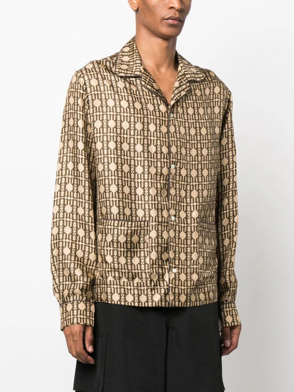 PALM ANGELS Allover Monogram Pajama Shirt Long Sleeves Beige