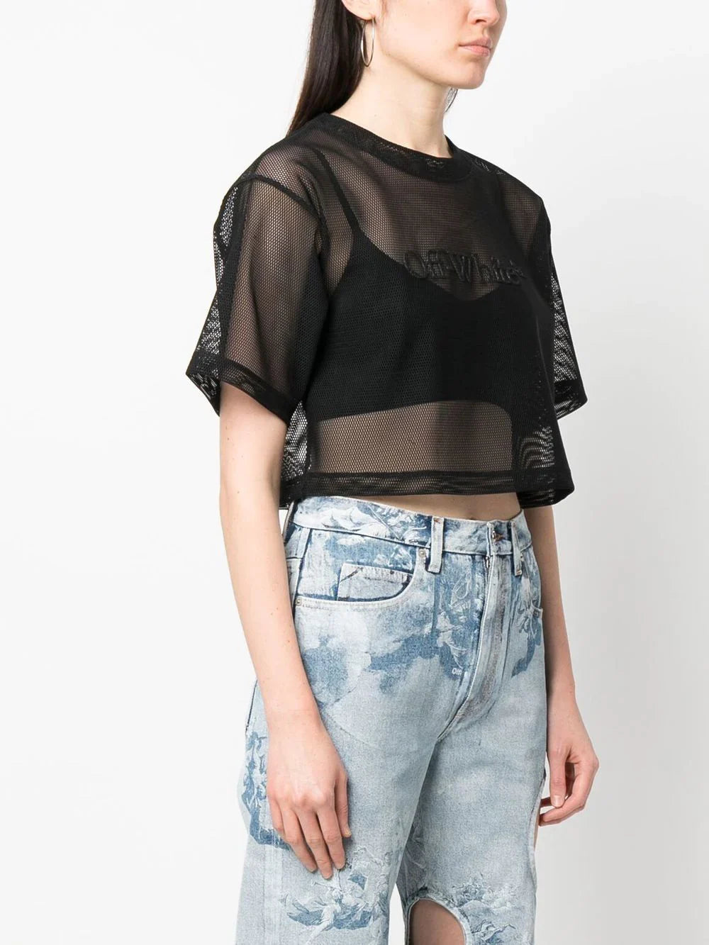 OFF-WHITE WOMEN Bookish Mesh Crop Tee Black