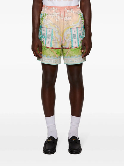 CASABLANCA Graphic-Print Drawstring-Waist Linen Shorts Vase Green