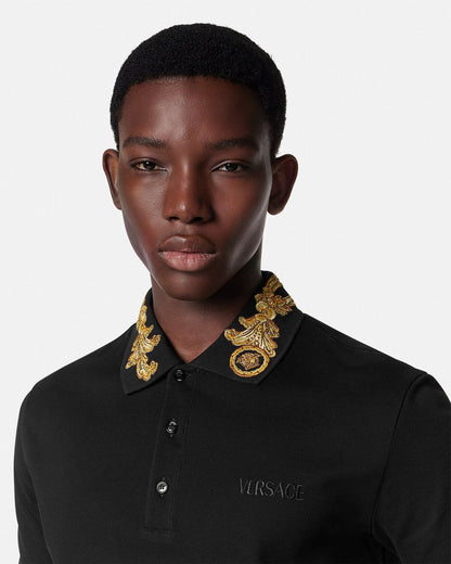 VERSACE Embroidered Barocco Leaf Polo Shirt Black
