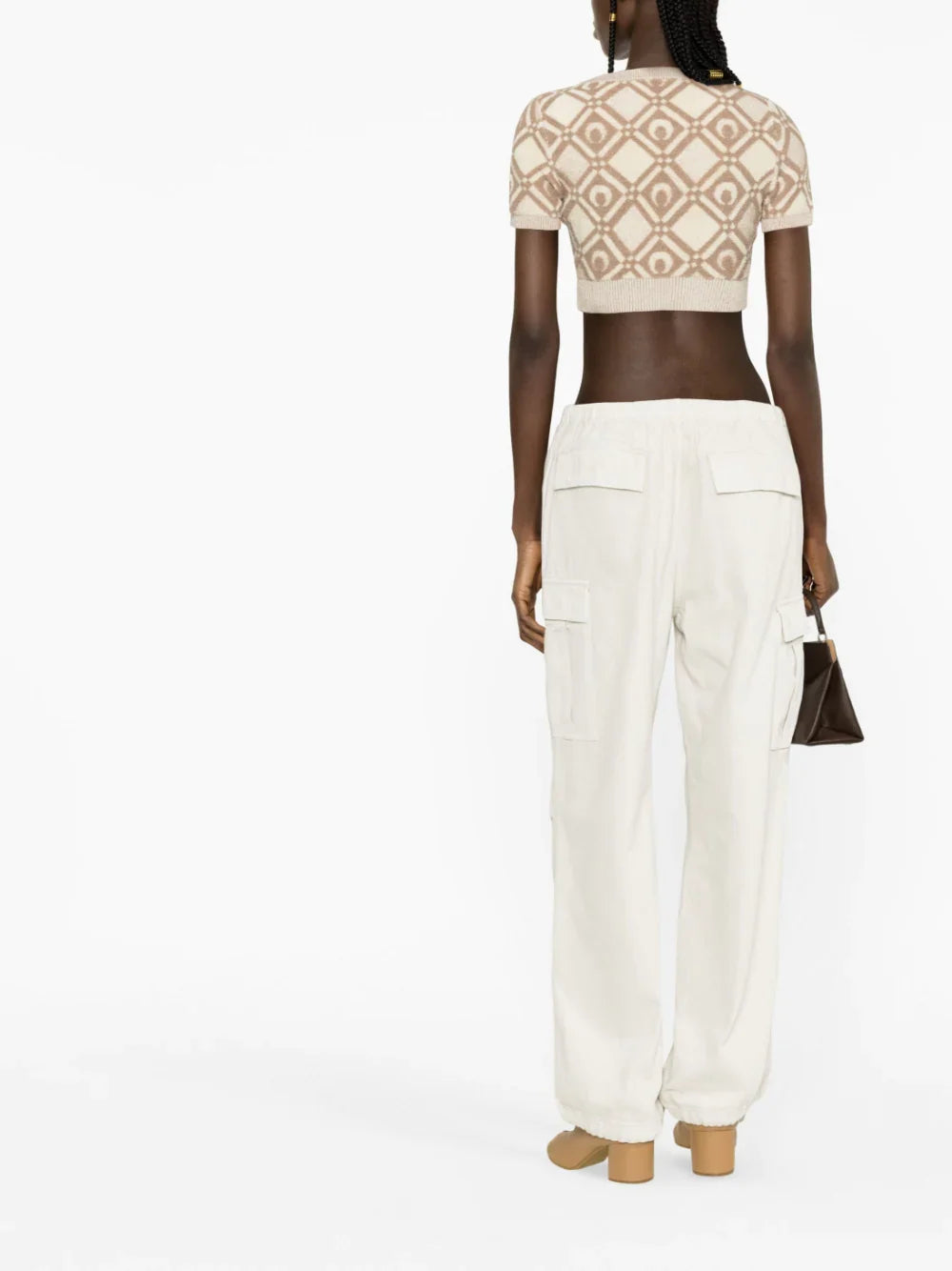 MARINE SERRE WOMEN Chunky Jacquard Knitted Crop Top Beige