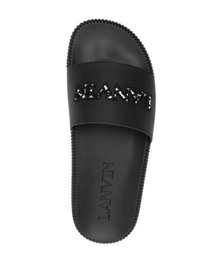 LANVIN Embroidered Logo Pool Slides Black/White